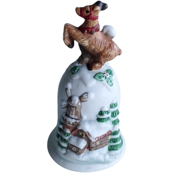 Vintage Christmas Bell With Reindeer And Snow Scene Porcelain Ceramic - Picture 1 of 5